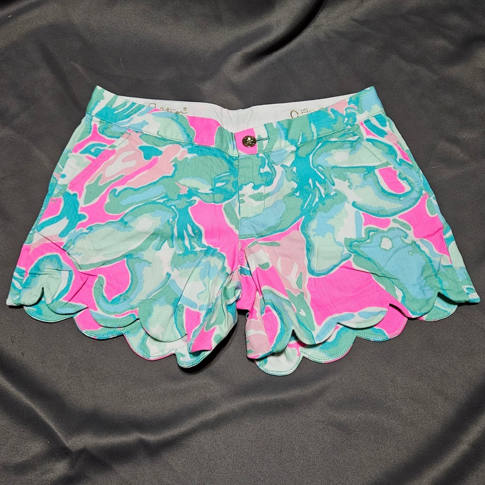 Lilly Pulitzer Buttercup Scalloped Shorts Pink Blue Floral Abstract Size 0